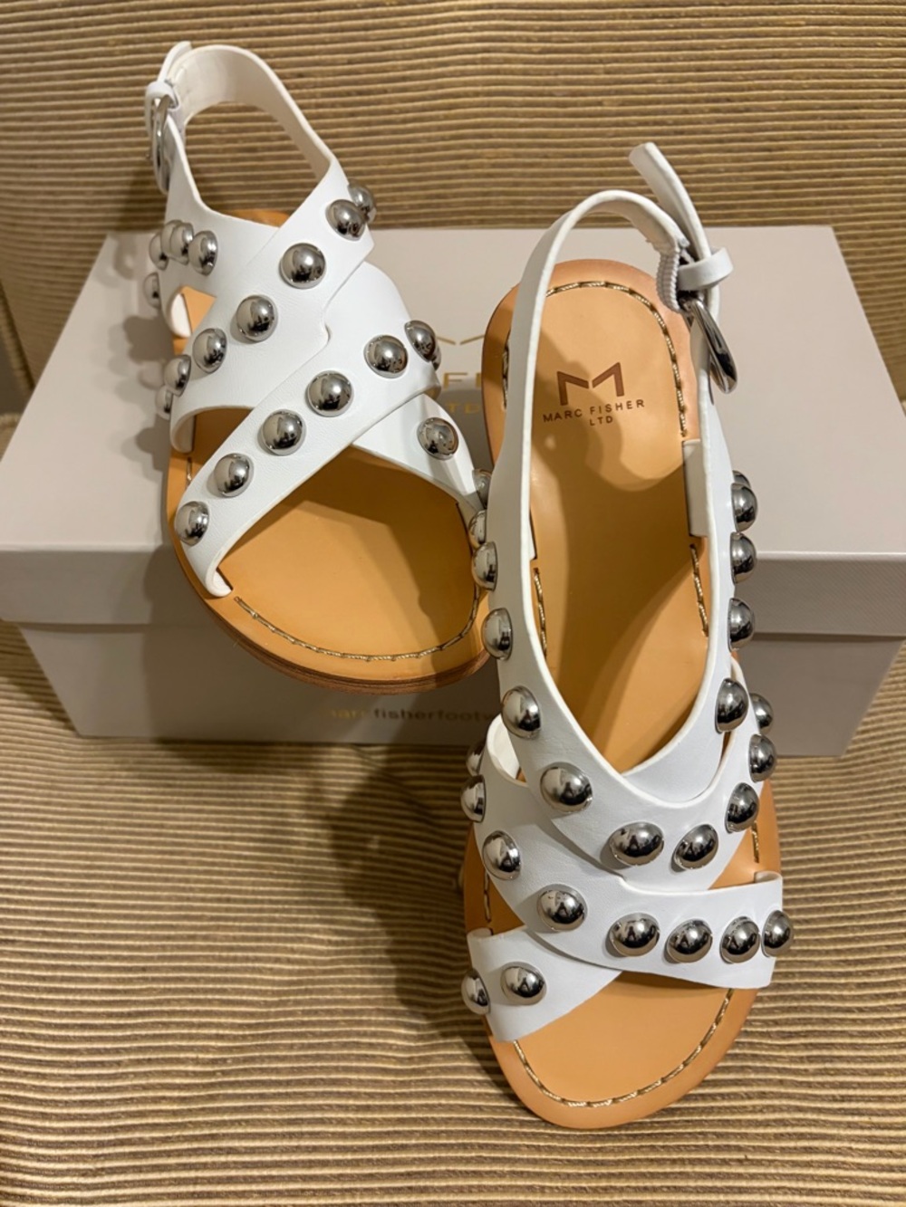 NWT Marc Fisher LTD™ Women’s Prancer Studded Sandals in White/Silver - Size 7